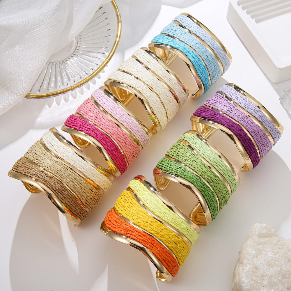 Bohemian Raffia Bangle With Colourful Braid Design, Stylish And Lightweight Accessory