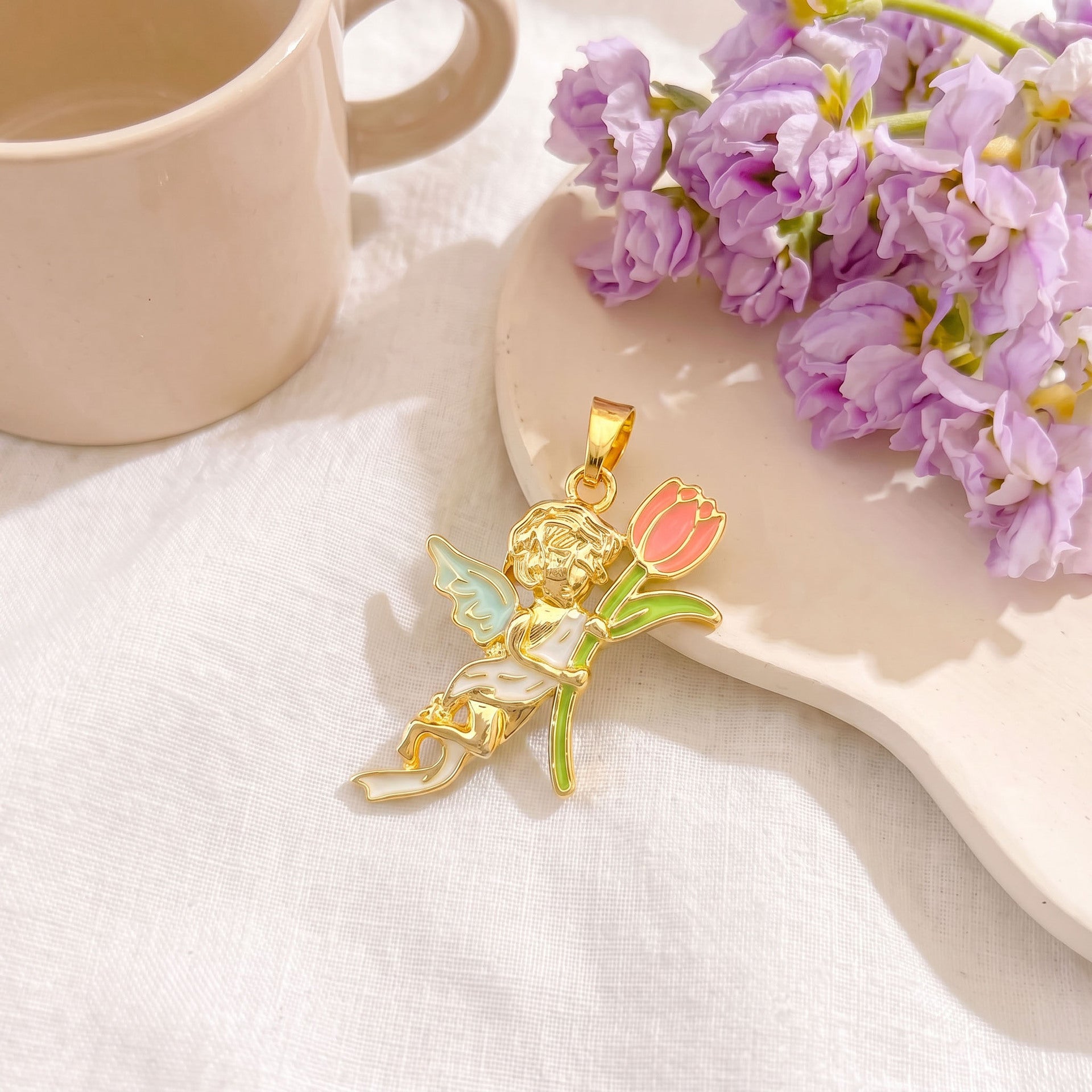 Cute Angel Pendant In Gold With Electroplated Copper Finish, Perfect For Summer Wear