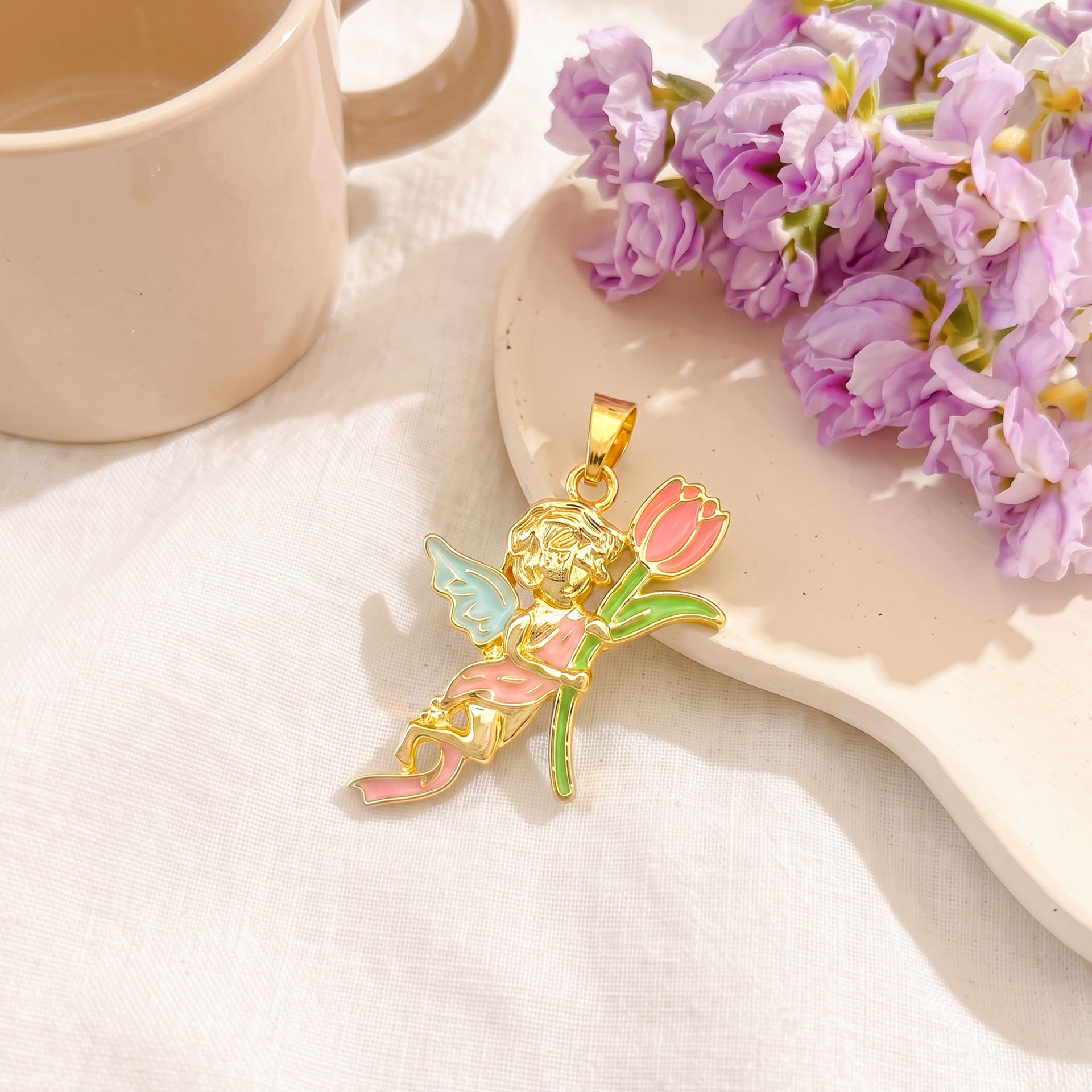 Cute Angel Pendant In Gold With Electroplated Copper Finish, Perfect For Summer Wear