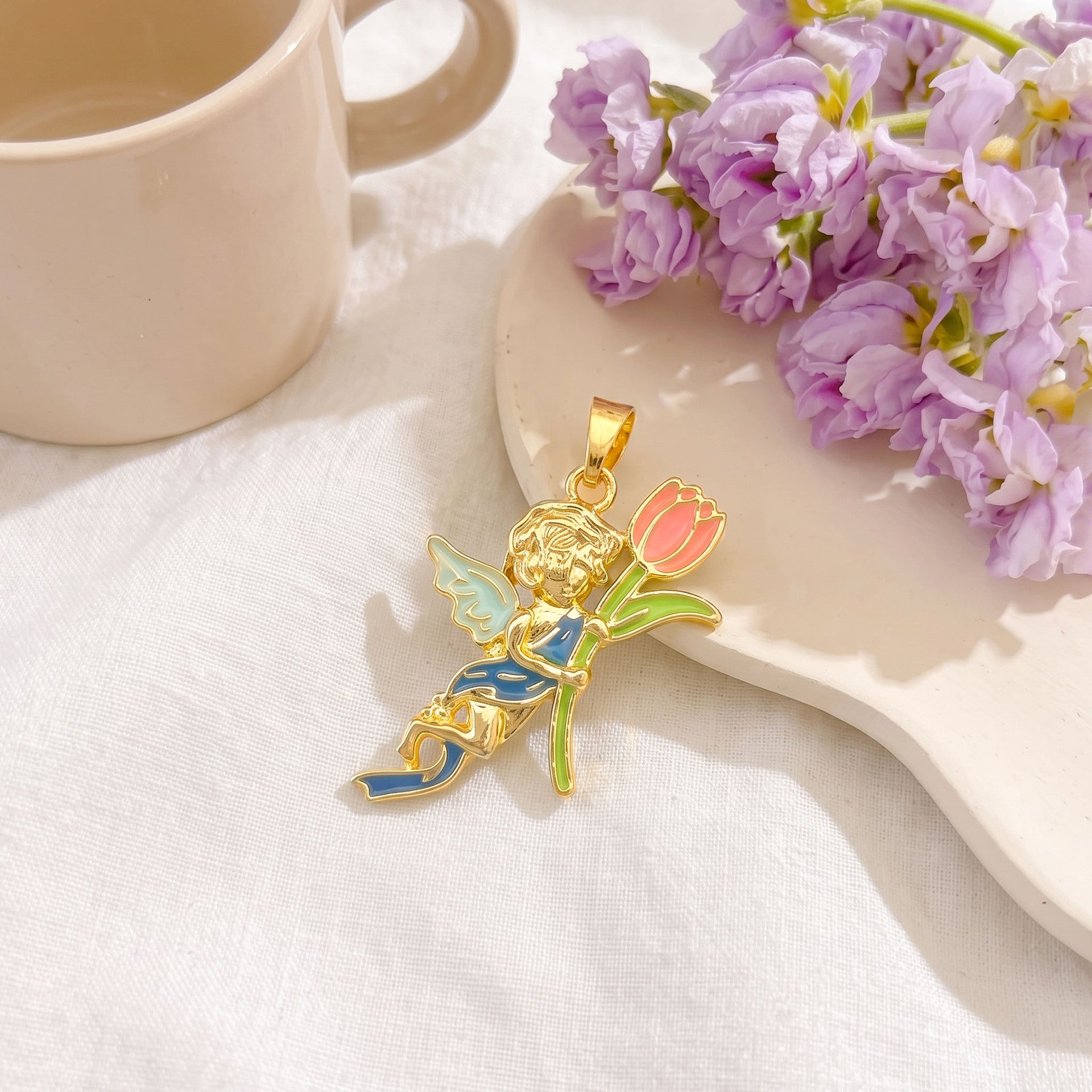 Cute Angel Pendant In Gold With Electroplated Copper Finish, Perfect For Summer Wear