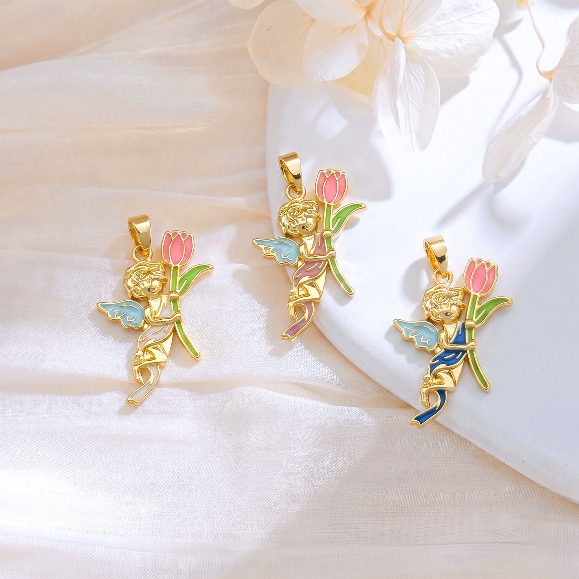 Cute Angel Pendant In Gold With Electroplated Copper Finish, Perfect For Summer Wear