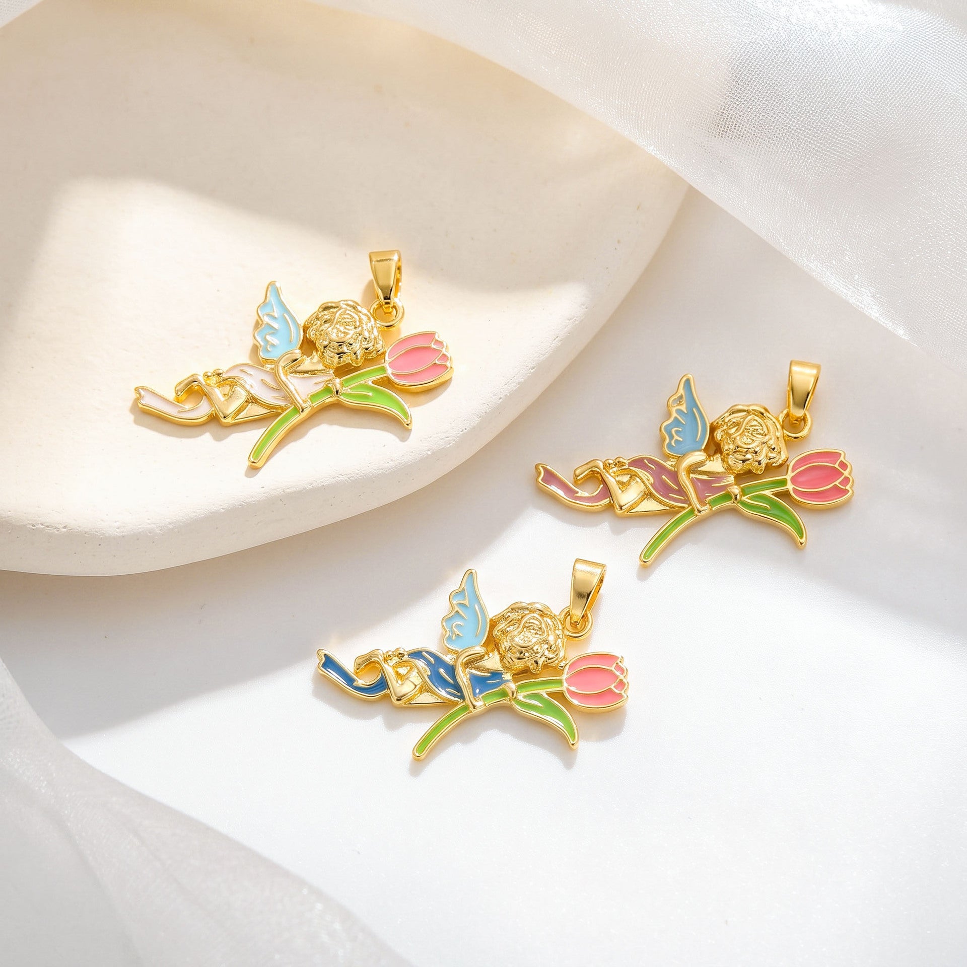 Cute Angel Pendant In Gold With Electroplated Copper Finish, Perfect For Summer Wear