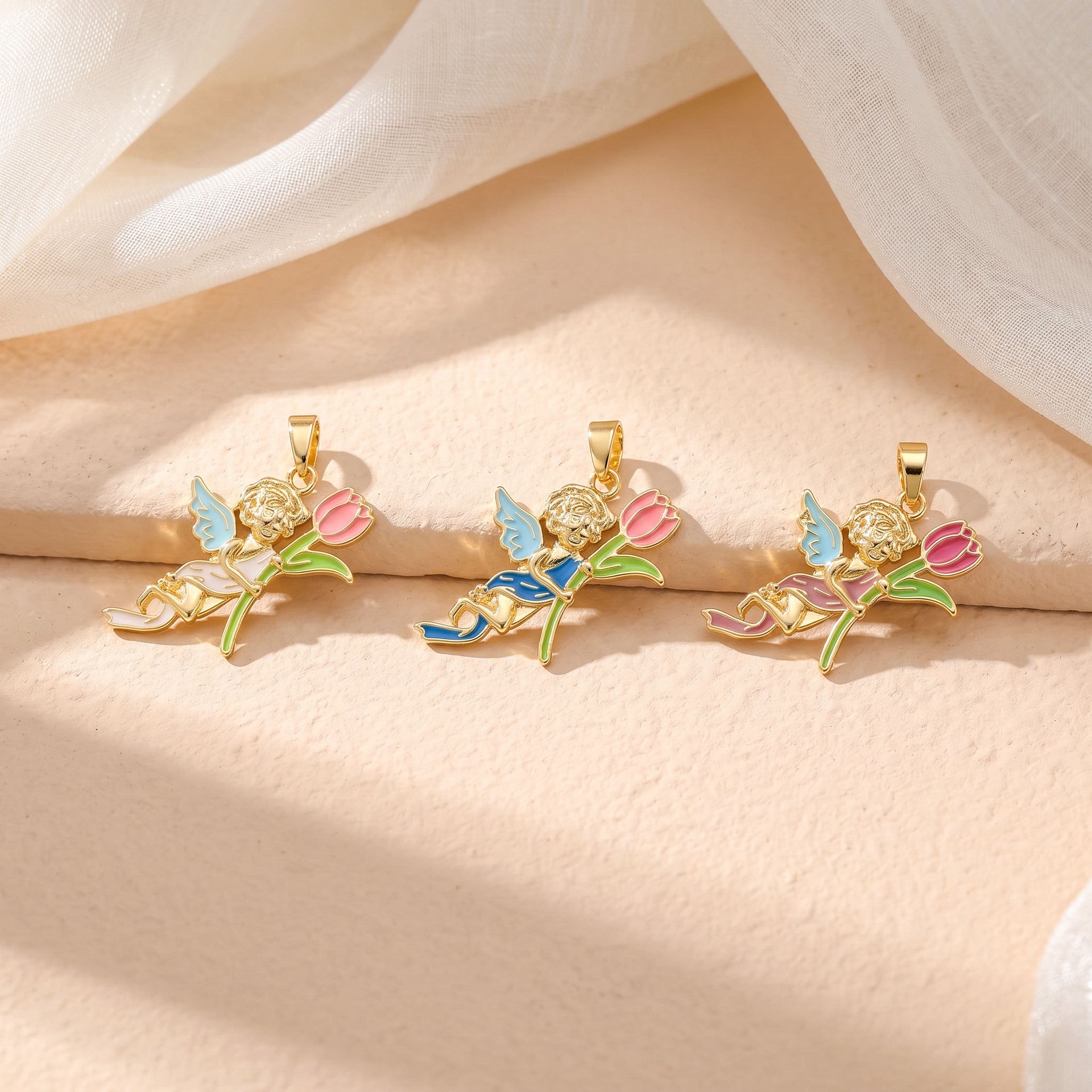 Cute Angel Pendant In Gold With Electroplated Copper Finish, Perfect For Summer Wear