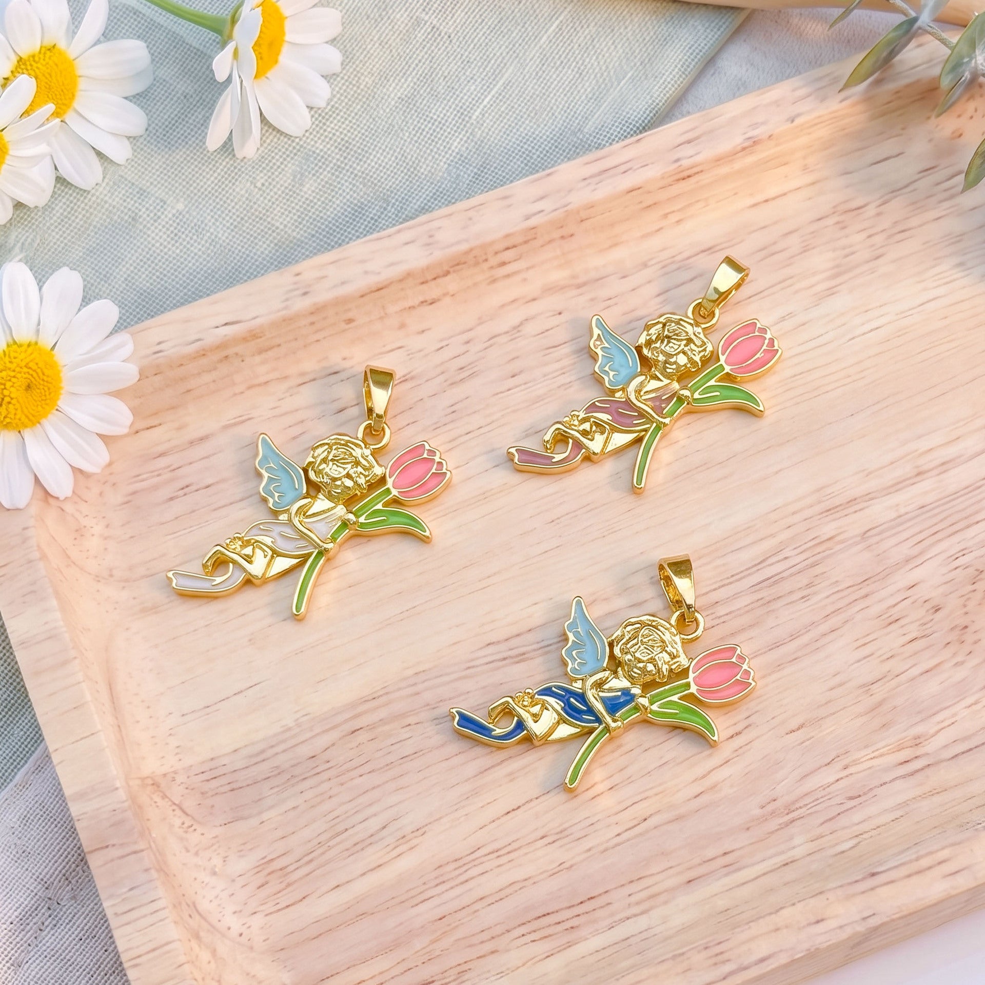 Cute Angel Pendant In Gold With Electroplated Copper Finish, Perfect For Summer Wear