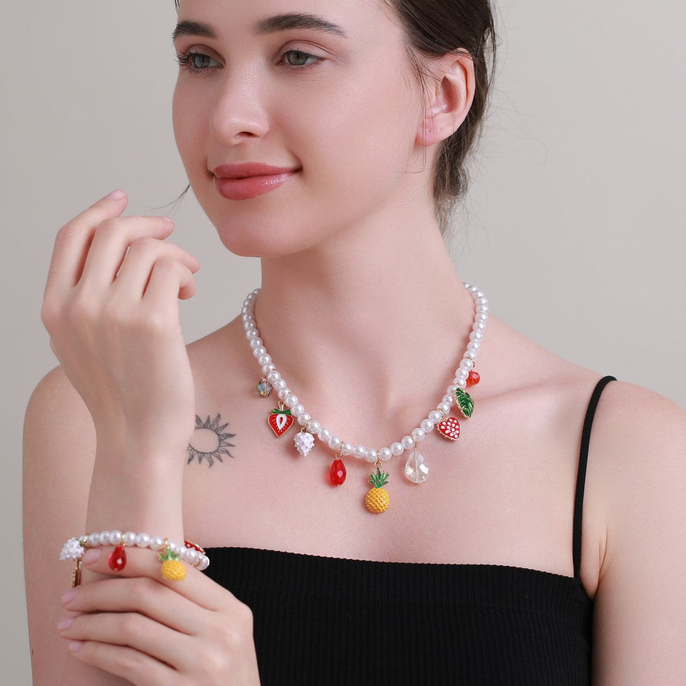 Cherry Pattern Jewelry Set For Women Featuring Shell Inlay And Mixed Materials With Marine Style Beading Craft