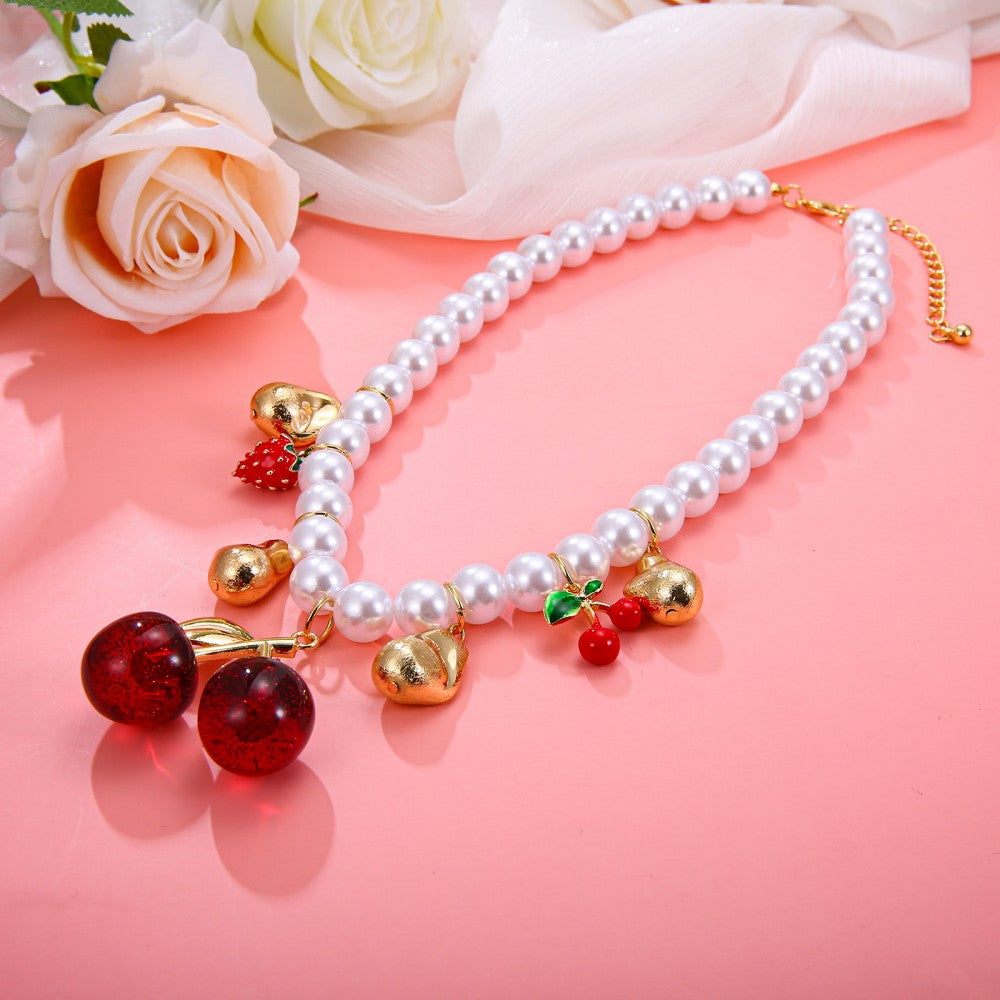 Exaggerated Cherry Beading Necklace For Women With Rose Red Mixed Materials And Imitation Pearl Pendant
