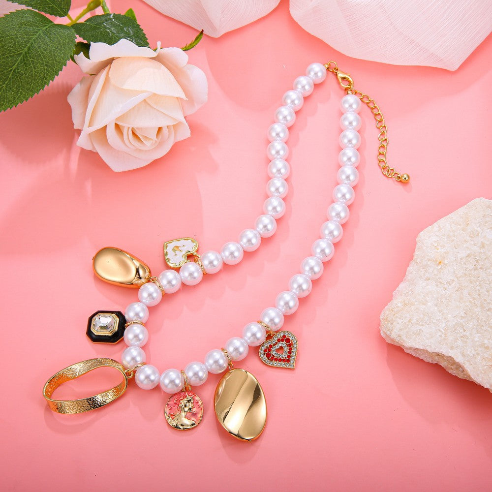 Exaggerated Cherry Beading Necklace For Women With Rose Red Mixed Materials And Imitation Pearl Pendant