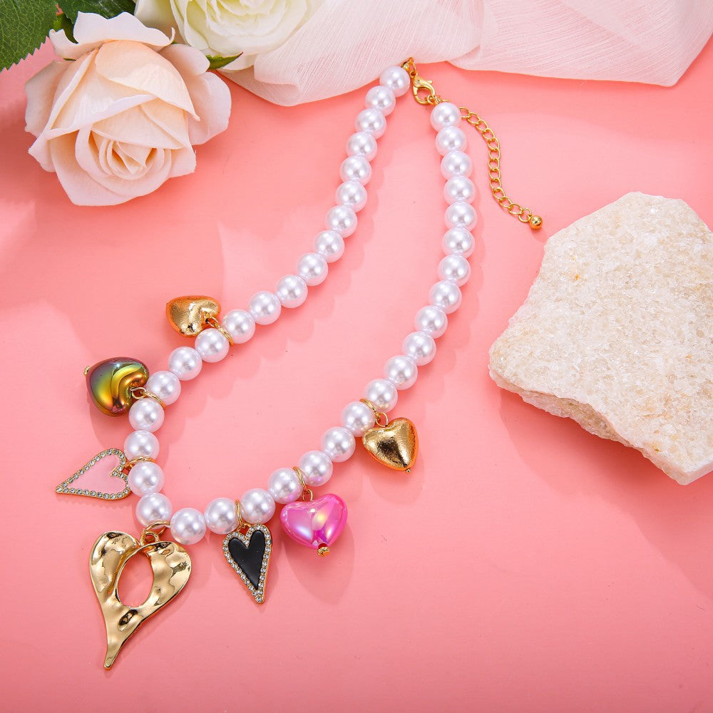 Exaggerated Cherry Beading Necklace For Women With Rose Red Mixed Materials And Imitation Pearl Pendant