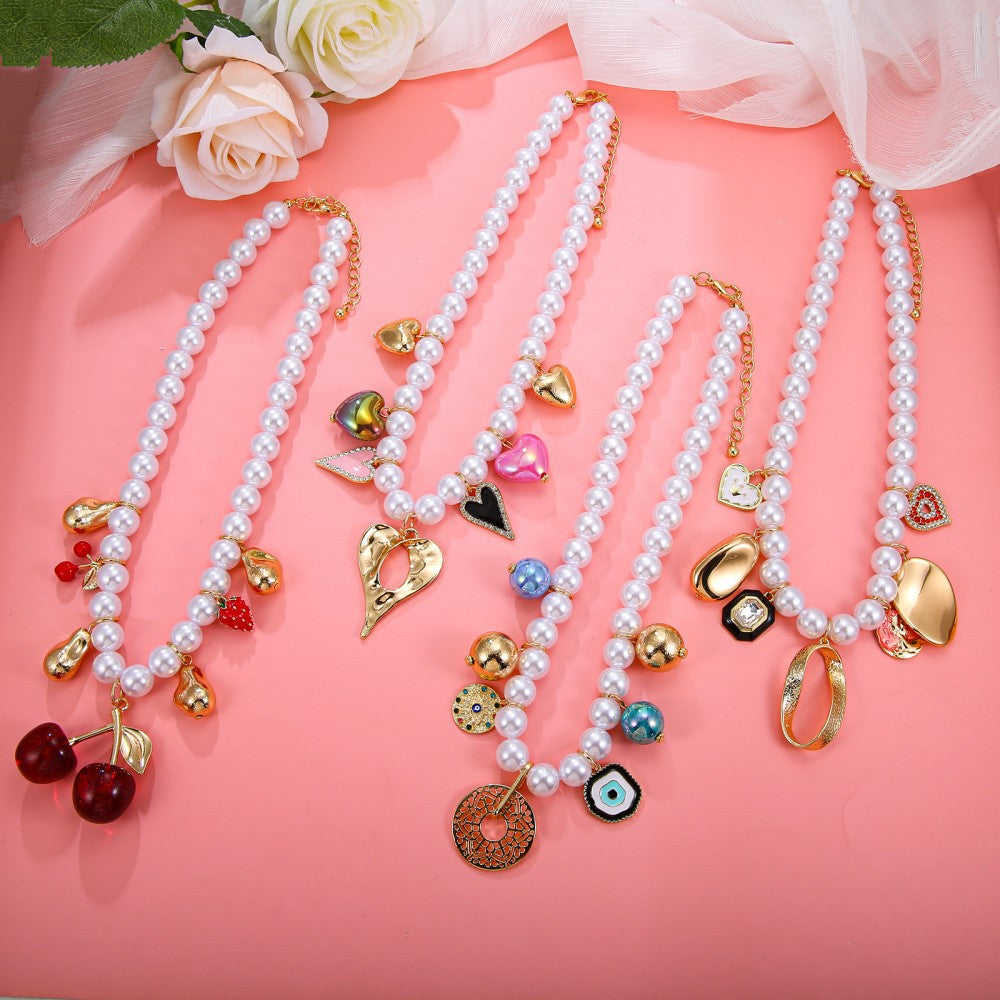 Exaggerated Cherry Beading Necklace For Women With Rose Red Mixed Materials And Imitation Pearl Pendant