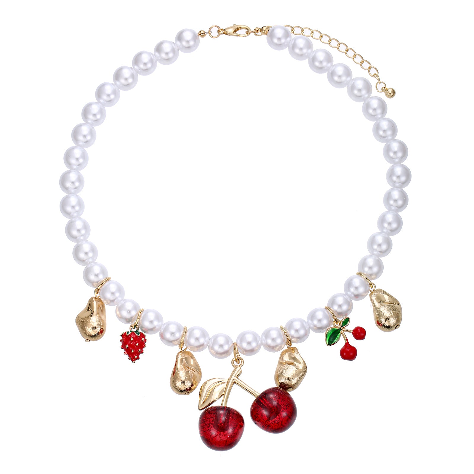 Exaggerated Cherry Beading Necklace For Women With Rose Red Mixed Materials And Imitation Pearl Pendant