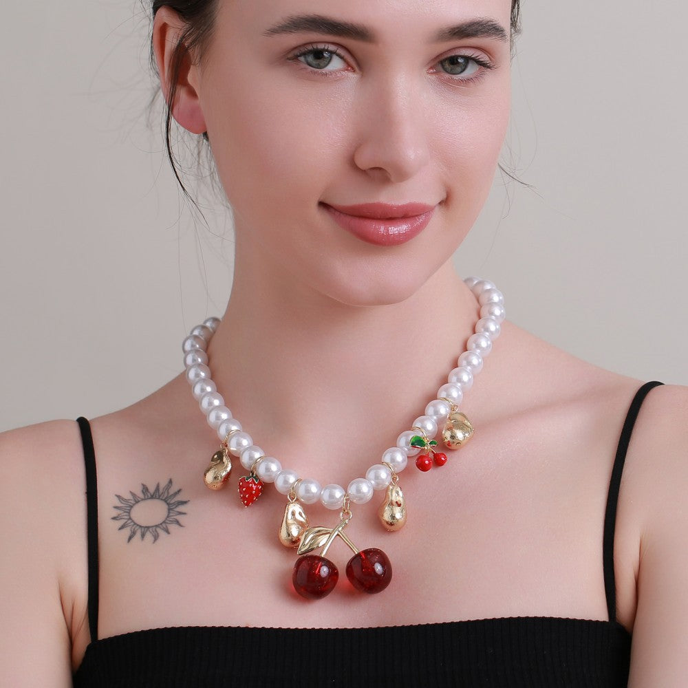 Exaggerated Cherry Beading Necklace For Women With Rose Red Mixed Materials And Imitation Pearl Pendant