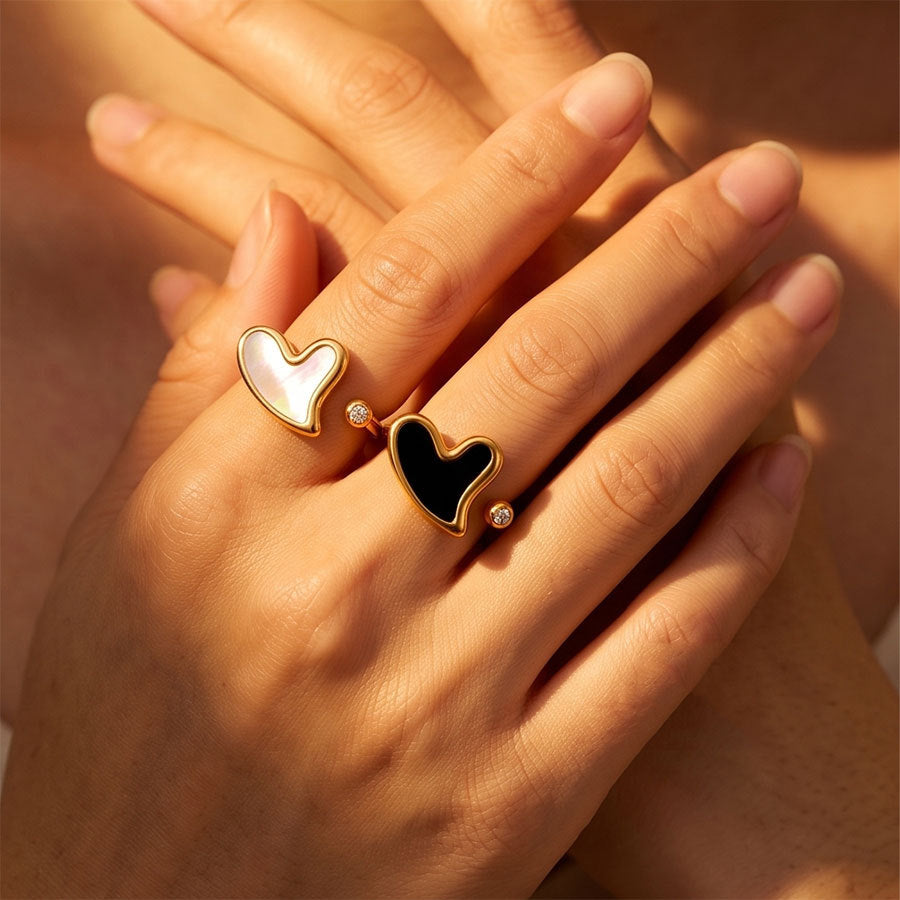 Heart Shape Open Ring Unisex In 304 Stainless Steel With Zircon Inlay, Waterproof, 18K Gold Plated Coating