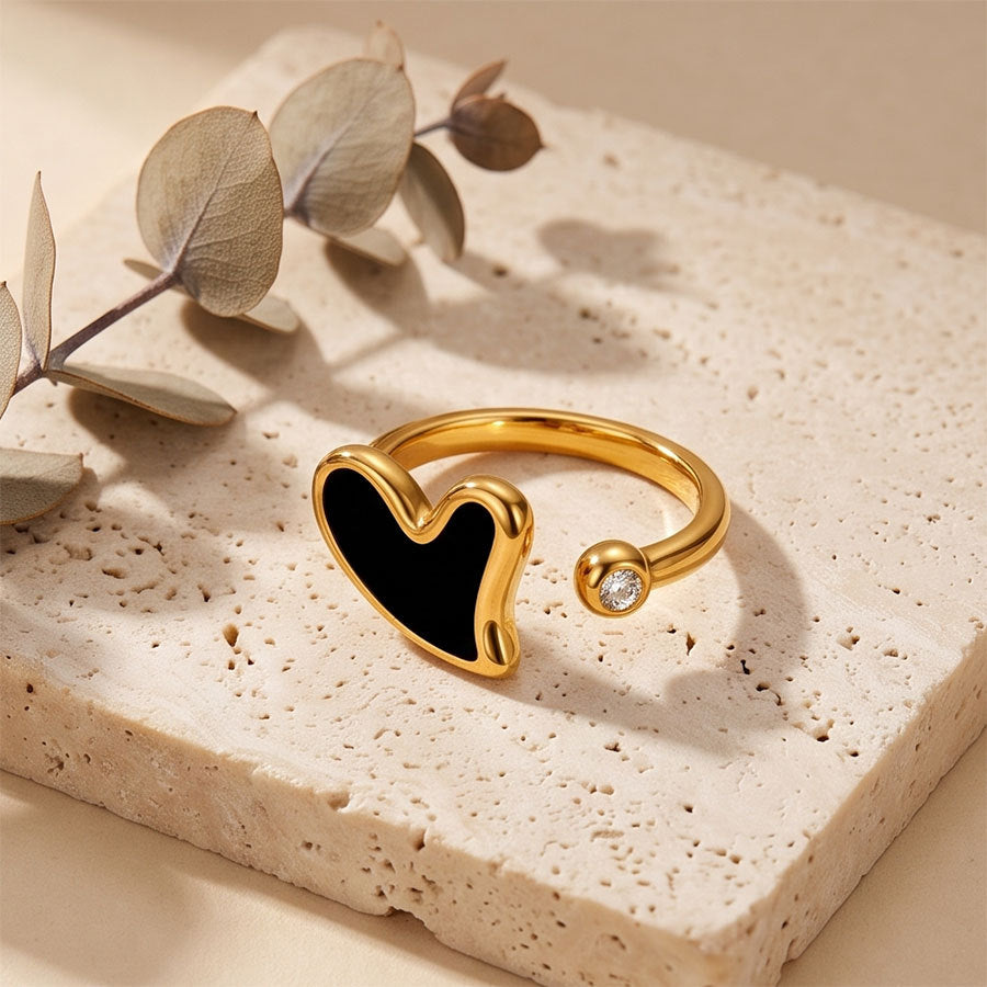 Heart Shape Open Ring Unisex In 304 Stainless Steel With Zircon Inlay, Waterproof, 18K Gold Plated Coating