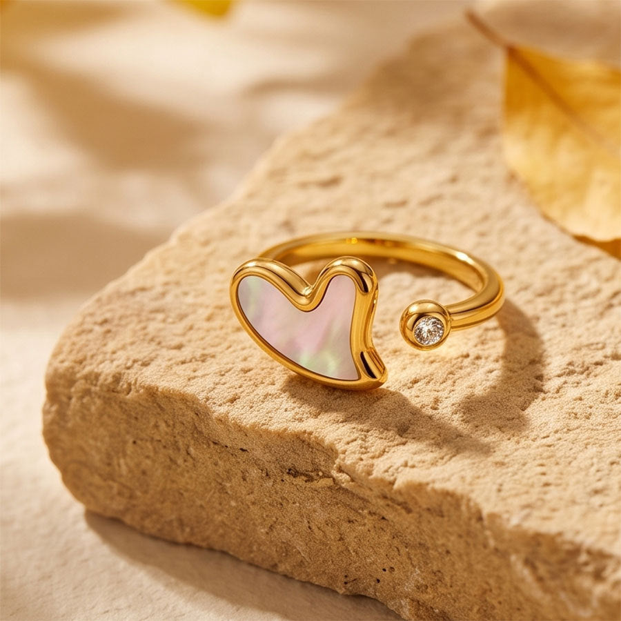 Heart Shape Open Ring Unisex In 304 Stainless Steel With Zircon Inlay, Waterproof, 18K Gold Plated Coating