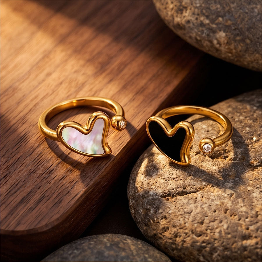 Heart Shape Open Ring Unisex In 304 Stainless Steel With Zircon Inlay, Waterproof, 18K Gold Plated Coating