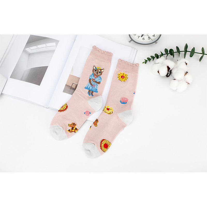 New Style Cat Pattern Women's Cotton Socks With Sweatproof Feature For All Seasons