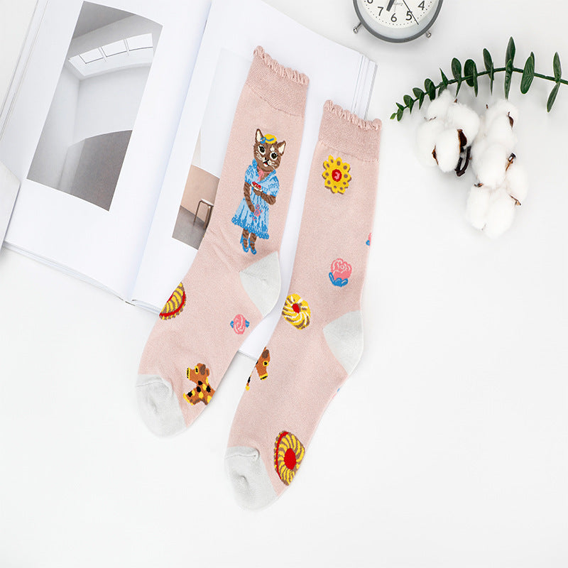 New Style Cat Pattern Women's Cotton Socks With Sweatproof Feature For All Seasons