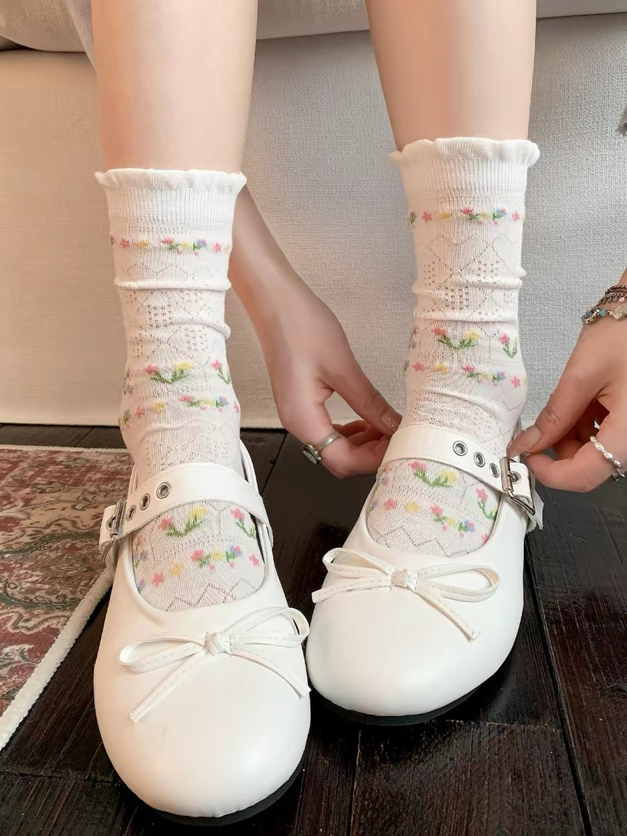 Ditsy Floral New Style Cotton Socks For Women In White, Perfect For Summer Sports And Casual Wear