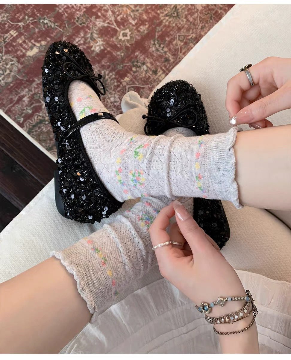 Ditsy Floral New Style Cotton Socks For Women In White, Perfect For Summer Sports And Casual Wear
