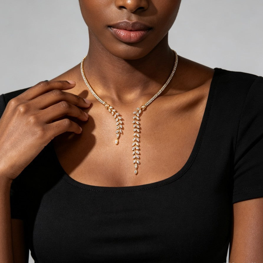 Gold Leaf Tassel Choker Necklace For Women Featuring Alloy Pendant With Rhinestone Inlay