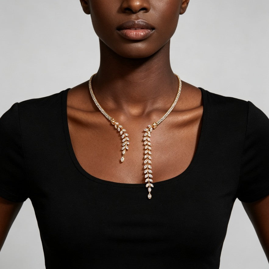 Gold Leaf Tassel Choker Necklace For Women Featuring Alloy Pendant With Rhinestone Inlay