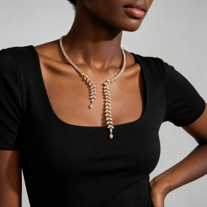 Gold Leaf Tassel Choker Necklace For Women Featuring Alloy Pendant With Rhinestone Inlay