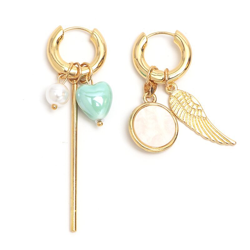 Heart Shape Asymmetrical Gold Drop Earrings For Women Featuring Ceramic Material With Copper Ear Pins
