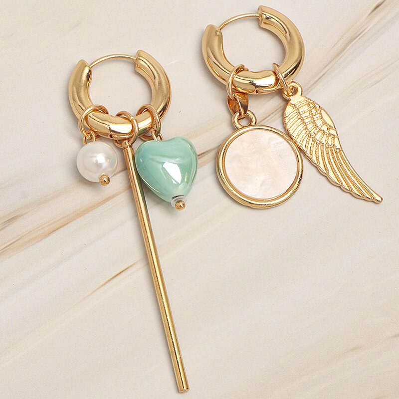 Heart Shape Asymmetrical Gold Drop Earrings For Women Featuring Ceramic Material With Copper Ear Pins