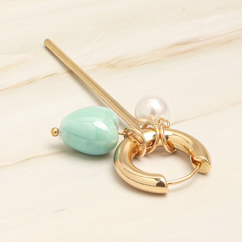Heart Shape Asymmetrical Gold Drop Earrings For Women Featuring Ceramic Material With Copper Ear Pins