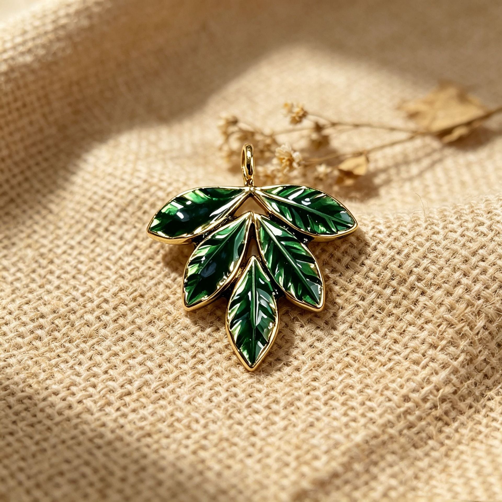 Maple Leaf Pendant In 304 Stainless Steel With PVD Coated Gold Plating Process, Featuring Enamel And Electroplated Green Finish