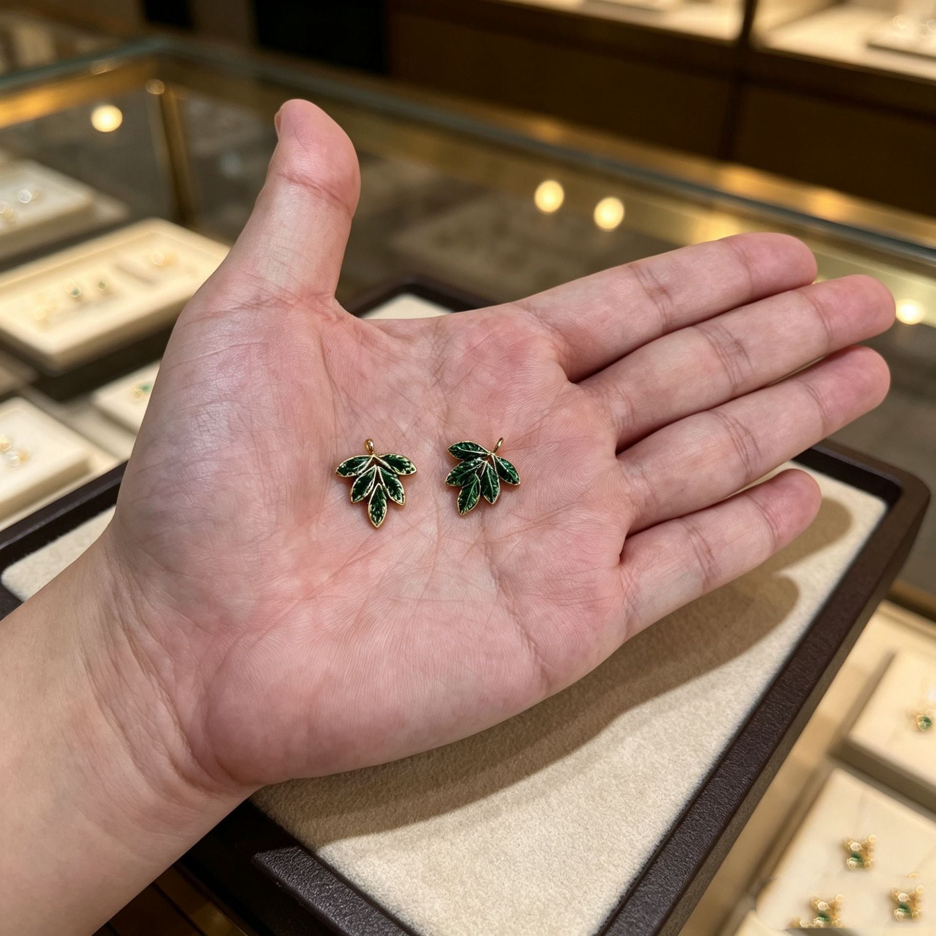 Maple Leaf Pendant In 304 Stainless Steel With PVD Coated Gold Plating Process, Featuring Enamel And Electroplated Green Finish