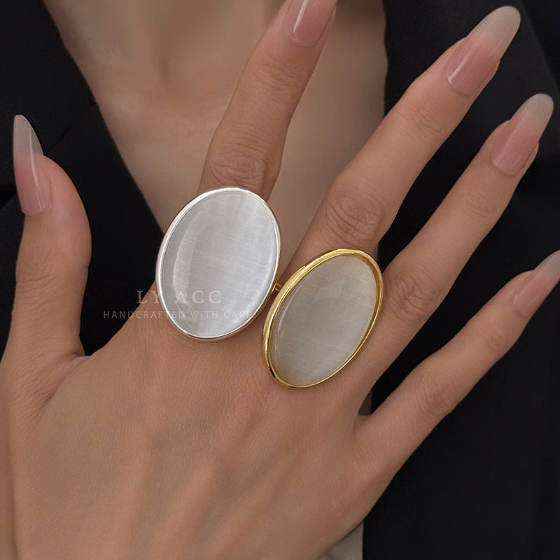 Oval Cat's Eye Stone Ring For Women In Simple Style, Featuring Natural Stone And Electroplated Finish