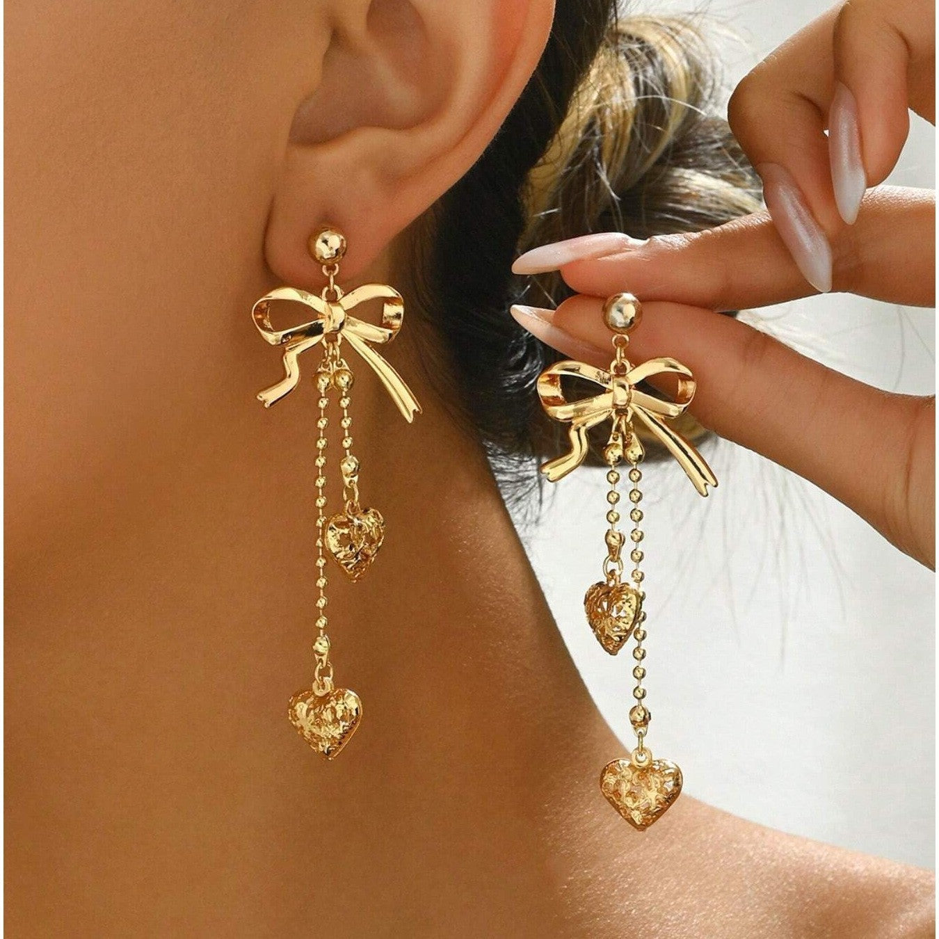 Gold Tassel Bow Tie Stud Earrings For Women Featuring Copper Alloy Ear Pins
