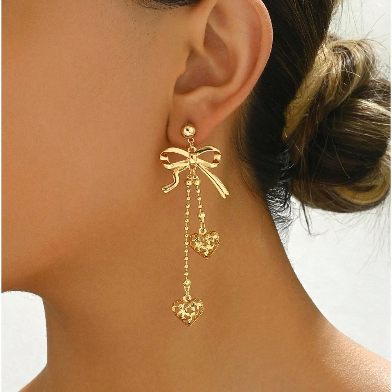 Gold Tassel Bow Tie Stud Earrings For Women Featuring Copper Alloy Ear Pins
