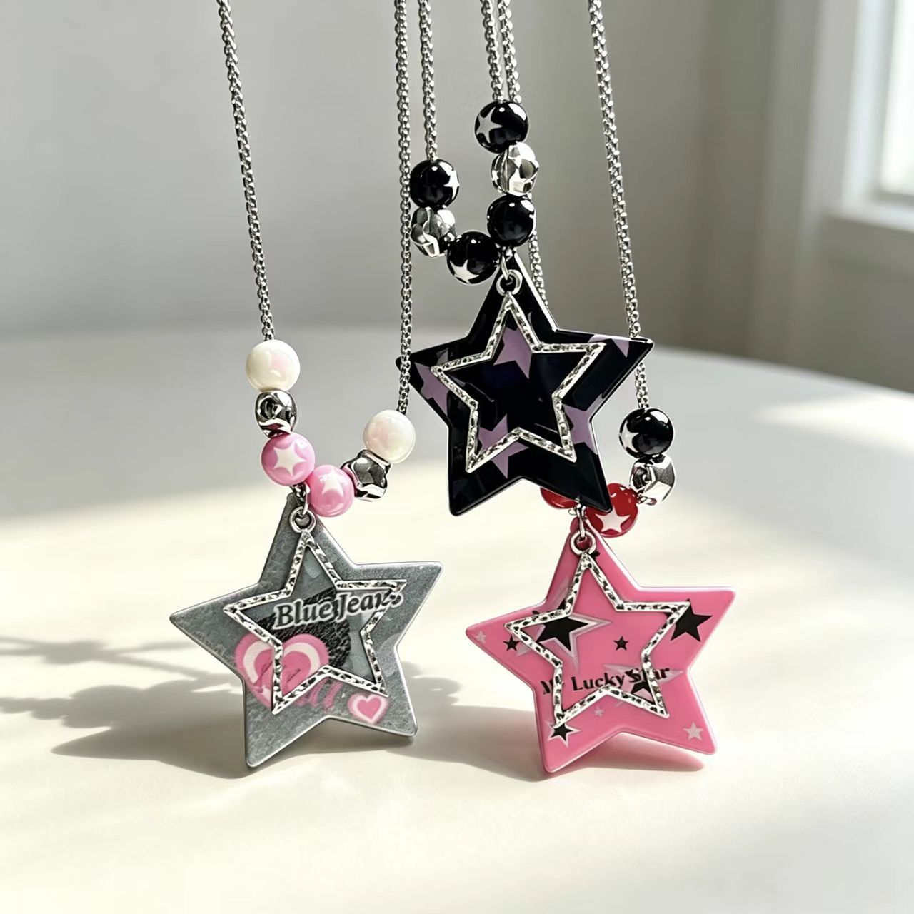 New Style Dyed Black Acrylic Beading Necklace With Resin Pendant For Women