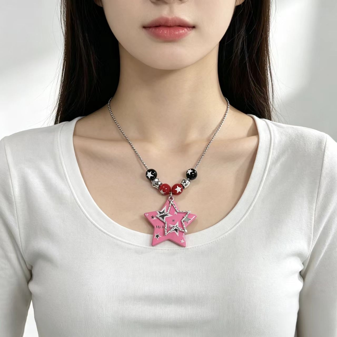 New Style Dyed Black Acrylic Beading Necklace With Resin Pendant For Women