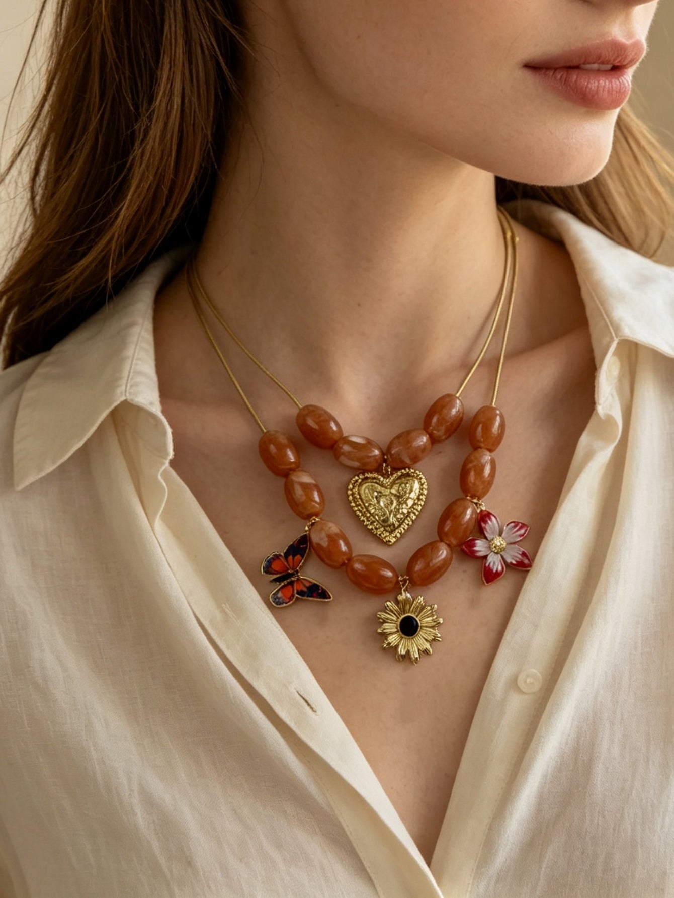 Bohemian Heart Shape Pendant Necklace For Women With KC Golden Plated Zinc Alloy And Beaded Chain