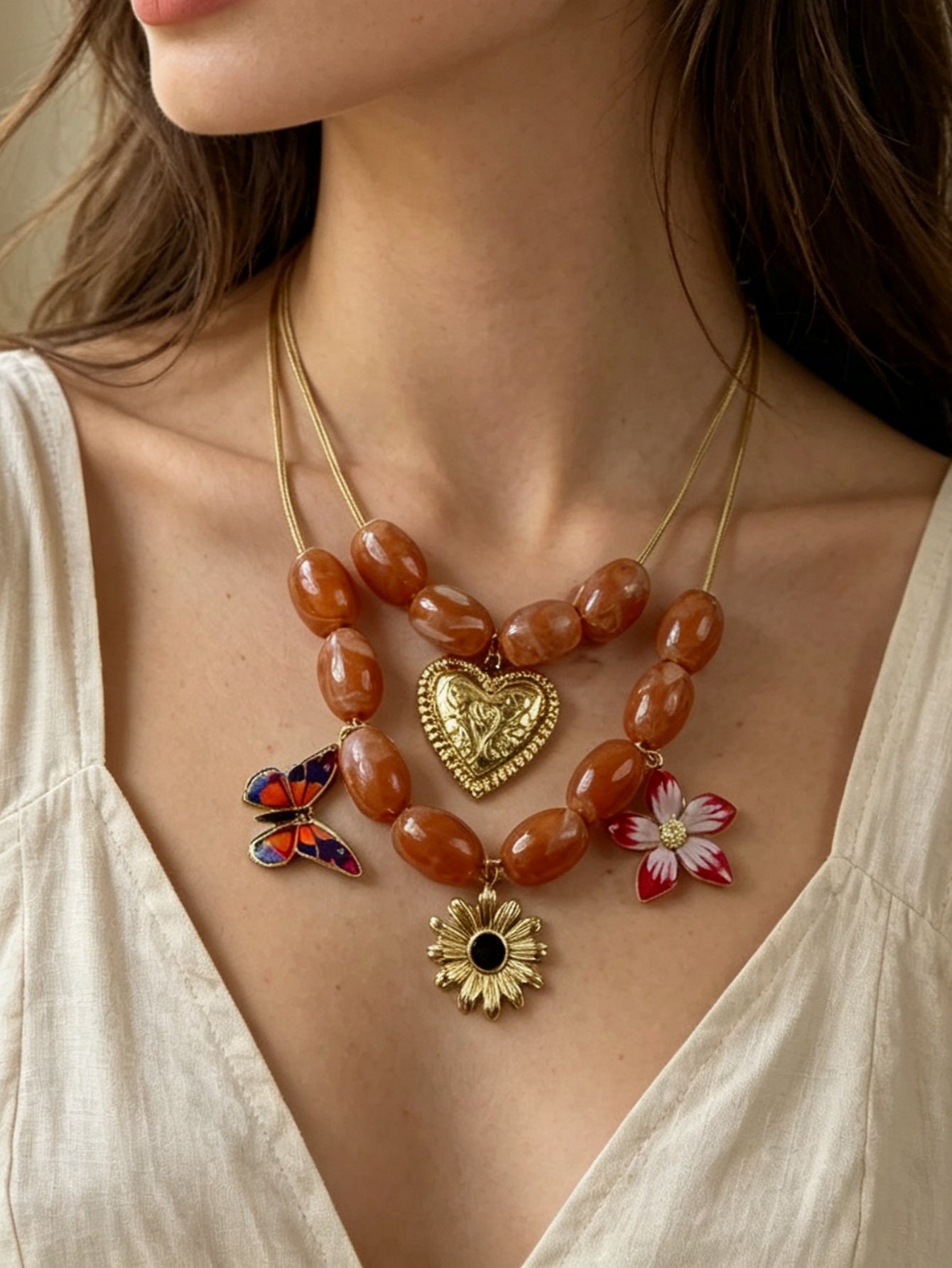 Bohemian Heart Shape Pendant Necklace For Women With KC Golden Plated Zinc Alloy And Beaded Chain