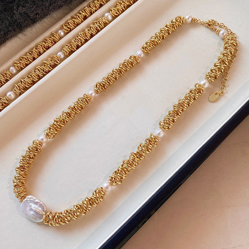 Baroque Style Freshwater Pearl Necklace For Women With Beaded Chain Featuring Freshwater Pearl Beading