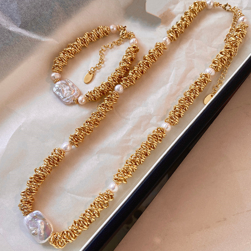 Baroque Style Freshwater Pearl Necklace For Women With Beaded Chain Featuring Freshwater Pearl Beading