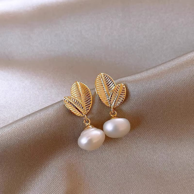 Asymmetrical Leaf Stud Earrings For Women With 925 Sterling Silver Posts And Freshwater Pearl Inlay, Electroplated Copper