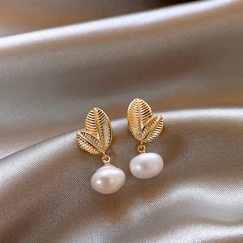 Asymmetrical Leaf Stud Earrings For Women With 925 Sterling Silver Posts And Freshwater Pearl Inlay, Electroplated Copper