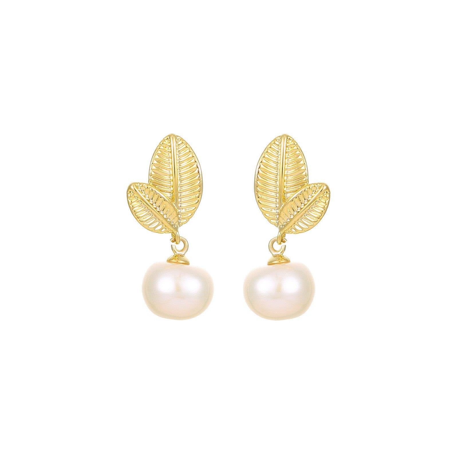 Asymmetrical Leaf Stud Earrings For Women With 925 Sterling Silver Posts And Freshwater Pearl Inlay, Electroplated Copper