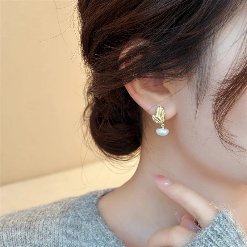 Asymmetrical Leaf Stud Earrings For Women With 925 Sterling Silver Posts And Freshwater Pearl Inlay, Electroplated Copper