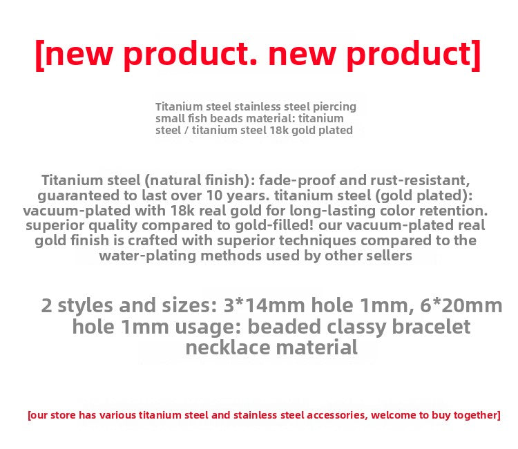 Handmade Fish Beads Jewelry Accessory In Titanium Steel With 18K Real Gold Plated PVD Coating, 1 PCS Package