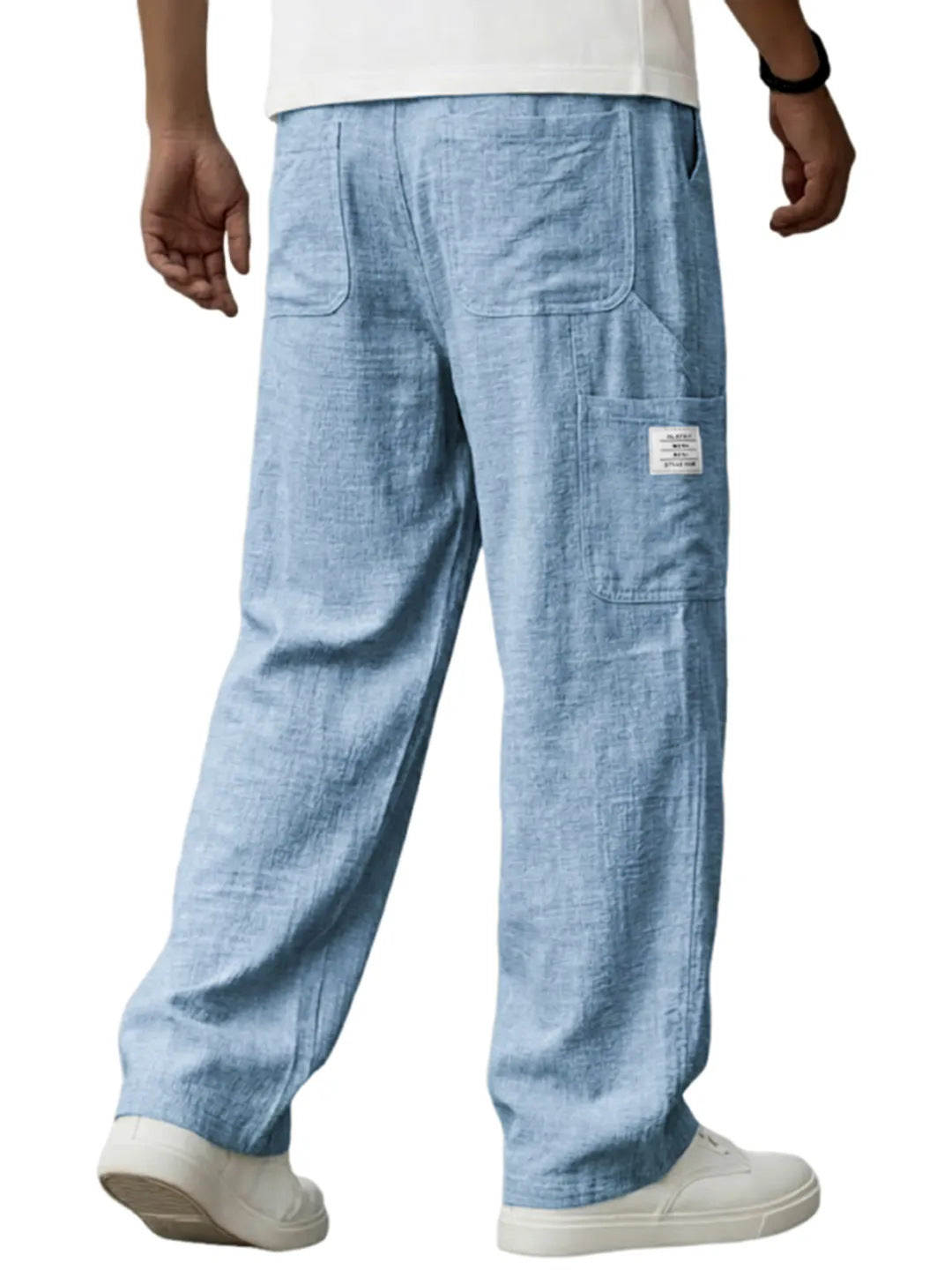 Men's Solid Color Full Length Sport Casual Pants In Linen Fabric Featuring Practical Pockets