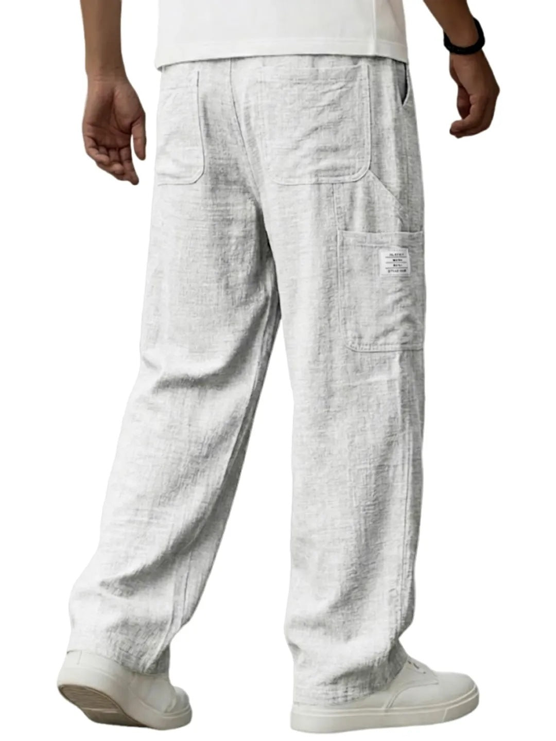 Men's Solid Color Full Length Sport Casual Pants In Linen Fabric Featuring Practical Pockets