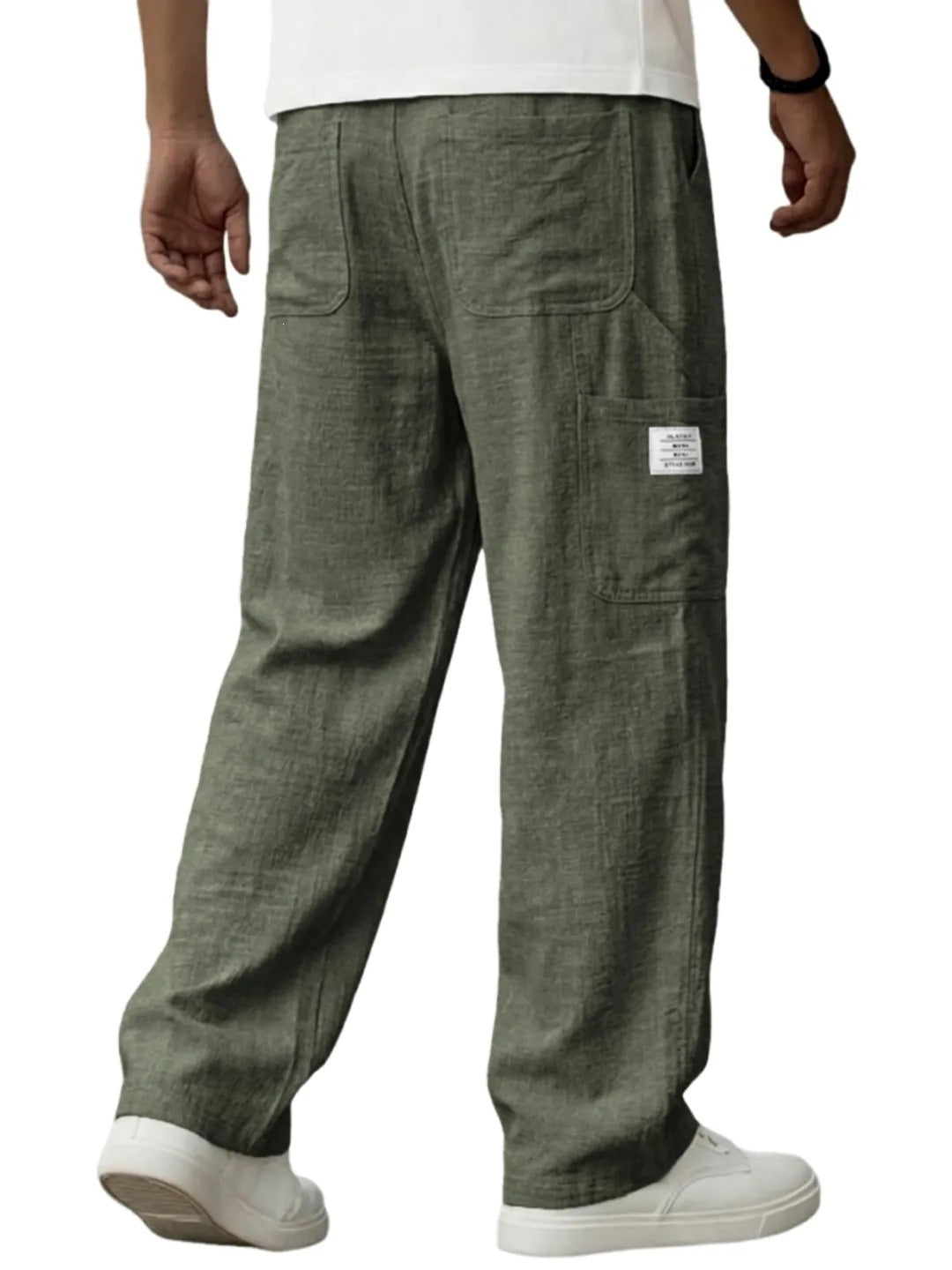 Men's Solid Color Full Length Sport Casual Pants In Linen Fabric Featuring Practical Pockets