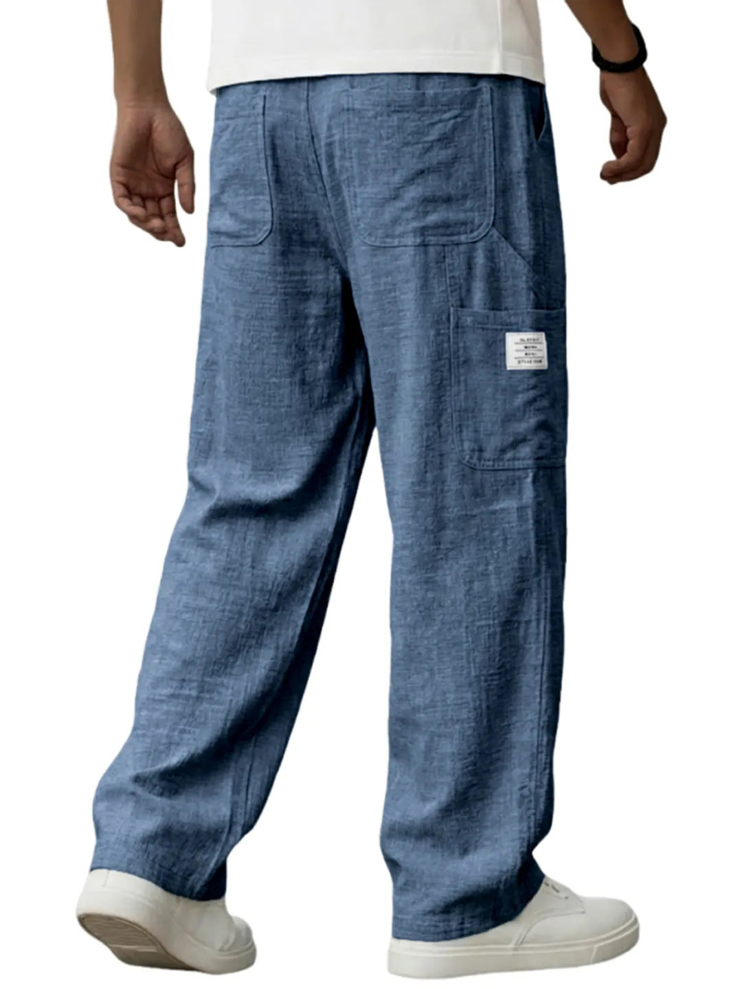 Men's Solid Color Full Length Sport Casual Pants In Linen Fabric Featuring Practical Pockets