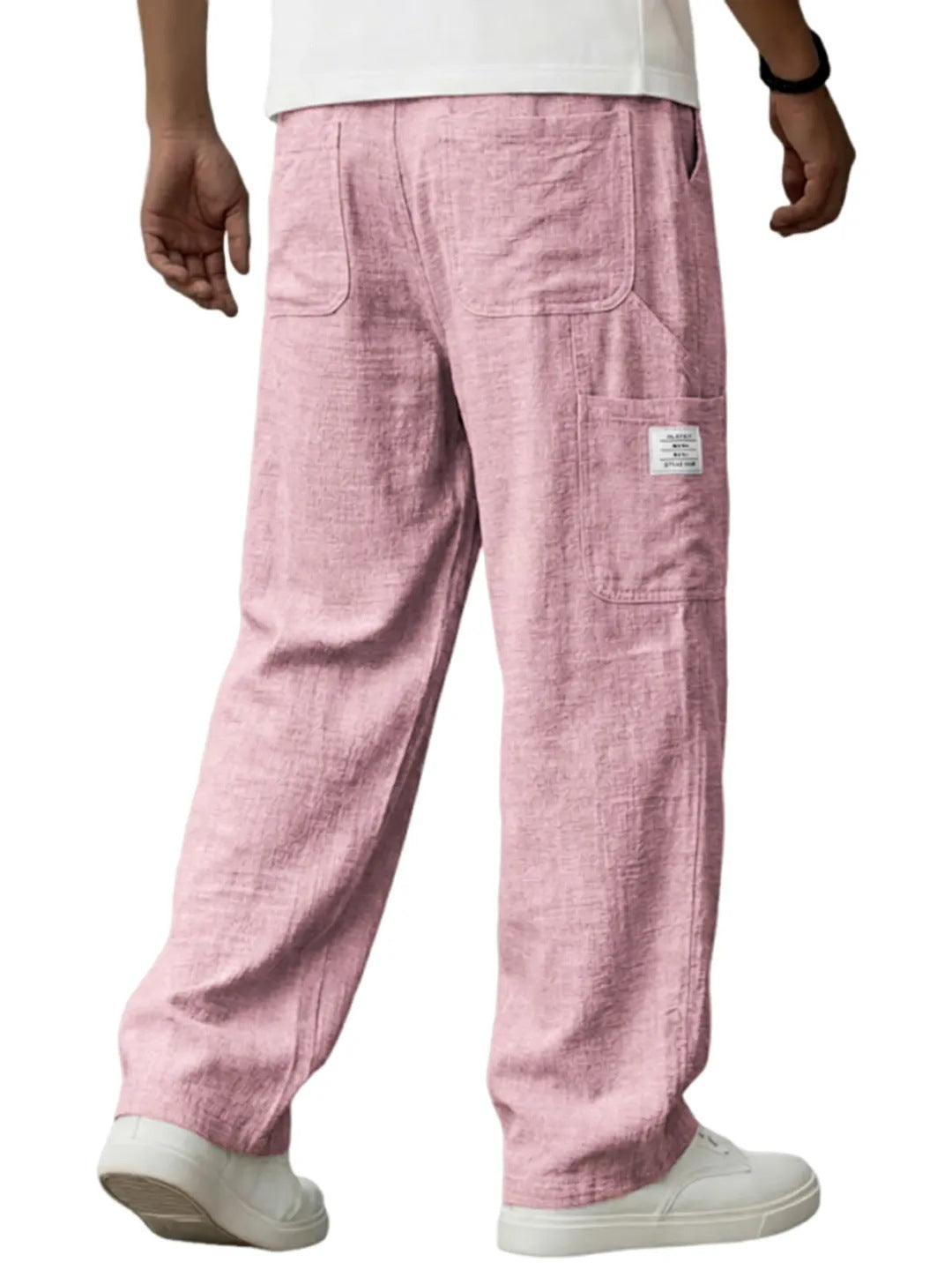 Men's Solid Color Full Length Sport Casual Pants In Linen Fabric Featuring Practical Pockets
